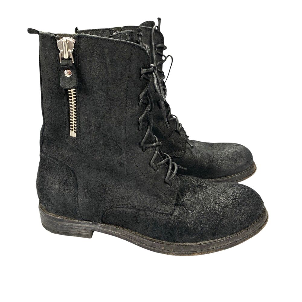 Moma‎ Lace Zipper Boots EU 36 Black Waxed Suede Leather Worn Effect Italy